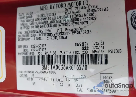 2010 Mercury Milan Premier из США, поврежденный, VIN 3MEHM0CG6AR616270